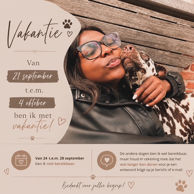 Vakantie van 21 september t.e.m. 4 oktober - van 24 t.e.m. 28 september niet bereikbaar